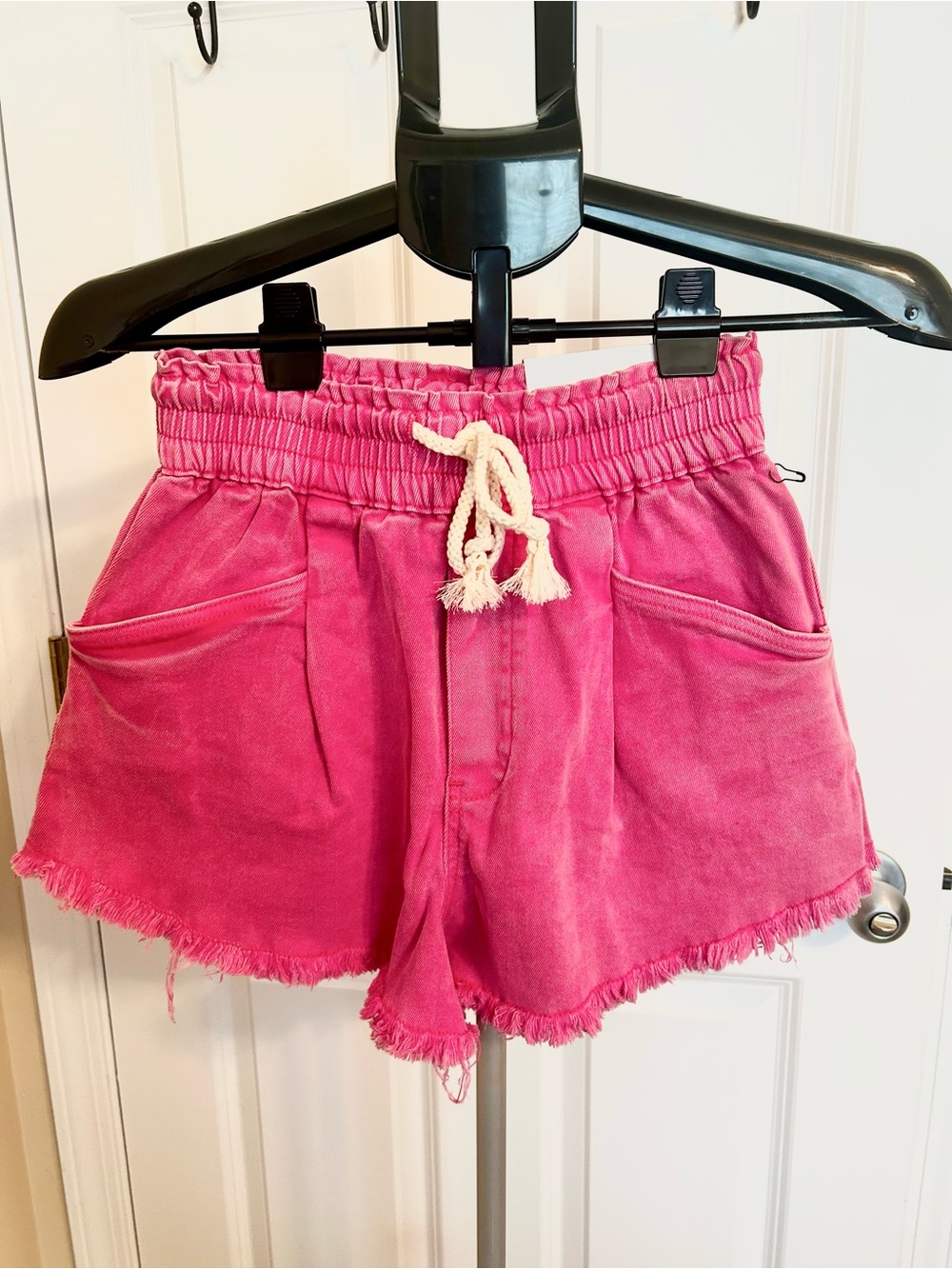 Zenana Hot Pink Drawstring Frayed-Hem Shorts